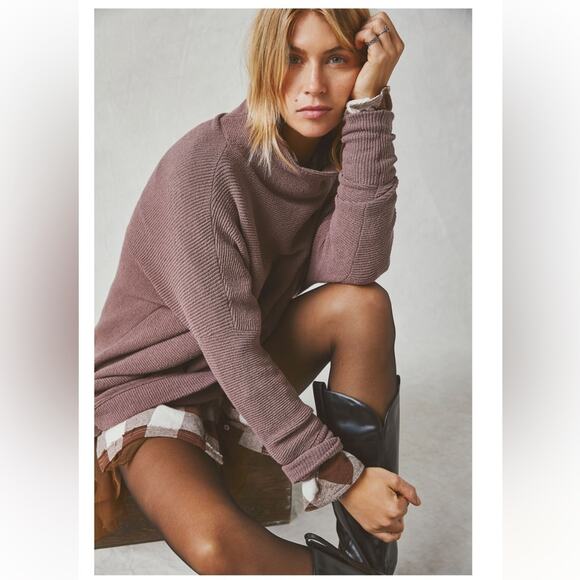 FREE PEOPLE Women's Mock Neck Oversized Cotton Ottoman Sweater in Nutmeg XS - Picture 2 of 7
